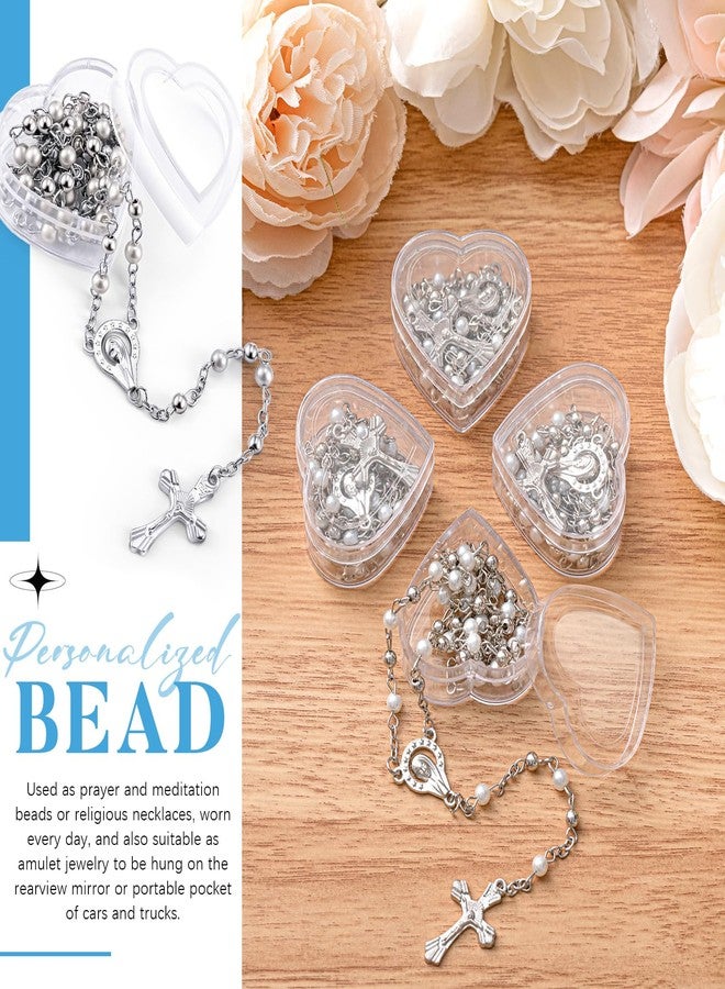 ROCEEI 50 Pcs Catholic Rosary Necklace 4 mm Glass Beads Rosary Favors Crucifix Prayer with Faux Pearl with Heart Shaped Box and Organza Bag for First Communion Baptism (White) - Image 3